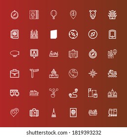 Editable 36 journey icons for web and mobile. Set of journey included icons line Locomotive, Cargo ship, Passport, Mole antonelliana, Suitcase, Gps, Badshahi mosque, Route on red