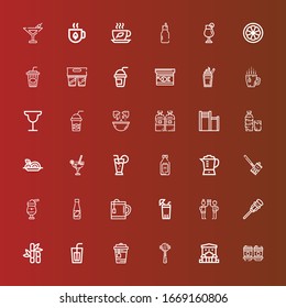 Editable 36 juice icons for web and mobile. Set of juice included icons line Drink, Bar, Espresso, Tea, Soda, Sugar cane, Cane, Toast, Lemonade, Juice, Milkshake, Soda can on red