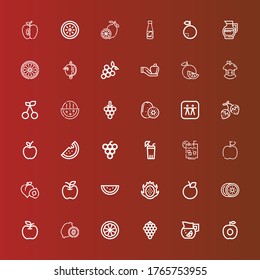 Editable 36 juicy icons for web and mobile. Set of juicy included icons line Apricot, Lemonade, Grapes, Orange, Kiwi, Apple, Dragon fruit, Watermelon, Peach, Lemon juice on red