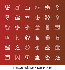 Editable 36 justice icons for web and mobile. Set of justice included icons line Auction, Balance, Police, Penalty, Weights, Weight, Courthouse, Justice, Jail, Judge, Prisioner on red