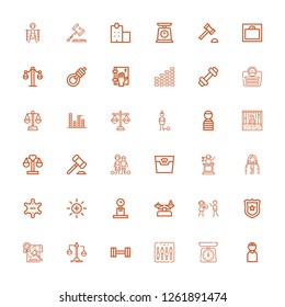 Editable 36 justice icons for web and mobile. Set of justice included icons line Criminal, Scale, Equalizer, Weight, Balance, Law, Police badge, Human rights on white background