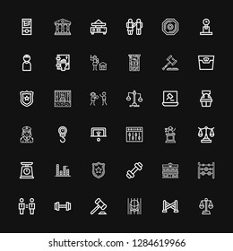 Editable 36 justice icons for web and mobile. Set of justice included icons line Balance, Police line, Prison, Auction, Weight, Equality, Weights, Police station on black background