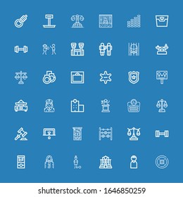 Editable 36 justice icons for web and mobile. Set of justice included icons line Weight, Criminal, Police, Guilt, Judge, Guillotine, Scale, Weights, Penalty on blue background