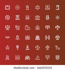 Editable 36 iconos de justicia para web y móvil. El conjunto de justicia incluía íconos como la insignia de la policía, la igualdad, la ley, el equilibrio, el igualador, la esclavitud, los derechos humanos, el peso, la escala, la policía en rojo