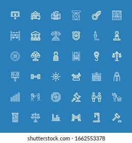 Editable 36 justice icons for web and mobile. Set of justice included icons line Auction hammer, Gallow, Police line, Equalizer, Justice, Guillotine, Human rights on blue background