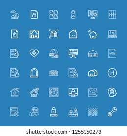Editable 36 key icons for web and mobile. Set of key included icons line Wrench, Firewall, Unprotected, Password, Mortgage, File, Delete, Note, Padlock, Music on blue background