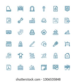 Editable 36 key icons for web and mobile. Set of key included icons line Keyboard, Firewall, Note, House, Houses, File, Real estate, Padlock, Music, Key, Mortgage on white background