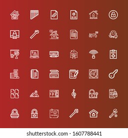 Editable 36 key icons for web and mobile. Set of key included icons line Wrench, Real estate, Note, Tinned food, Lock, Security, Padlock, Lockers, House, File, Keyword on red