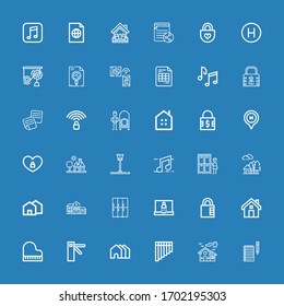 Editable 36 key icons for web and mobile. Set of key included icons line Notes, House, Flute, Houses, Access, Piano, Padlock, Login, Lockers, Music, Funnel ball on blue background