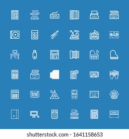 Editable 36 keyboard icons for web and mobile. Set of keyboard included icons line Piano, Calculator, Typewriter, Personal computer, Cajon, Keypad, Gameboy on blue background