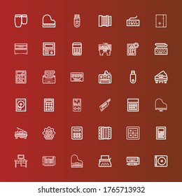 Editable 36 keyboard icons for web and mobile. Set of keyboard included icons line Dvd, Keyboard, Typewriter, Piano, Desktop, Calculator, Accordion, Keytar, Gameboy, Hard disc on red