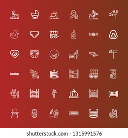 Editable 36 kid icons for web and mobile. Set of kid included icons line Yoyo, Crib, Derbi, Birth, Baby, Baby chair, Baby bed, hat, Father, Bunk bed, Family, Claw machine on red