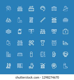 Editable 36 kit icons for web and mobile. Set of kit included icons line Thermo, Fixed, Drum, Tool box, Tools, Drums, Penknife, Kettledrum, Thermos, Emergency kit on blue background