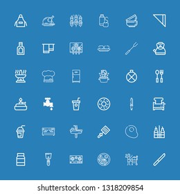 Editable 36 kitchen icons for web and mobile. Set of kitchen included icons line Knife, Grill, Jiaozi, Stove, Spatula, Mayonnaise, Vinegar, Egg, Sink, Coffee machine on blue background