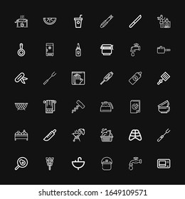 Editable 36 kitchen icons for web and mobile. Set of kitchen iline icons including: Microwave, Faucet, Kettle, Sink, Whisk, Fried egg, Fork, Ribs, Washbowl, Barbecue on black background