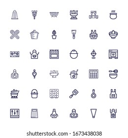 Editable 36 kitchenware icons for web and mobile. Set of kitchenware included icons line Apron, Piping bag, Grater, Mixer, Pan, Spatula, Stove, Pot, Whisk on white background