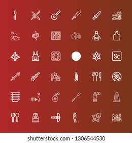 Editable 36 knife icons for web and mobile. Set of knife included icons line Lunch, Adventure, Cutter, Crossbow, Cooking, Utensils, Grater, Anchor point, Barbecue fork on red