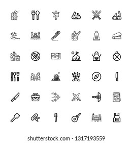 Editable 36 knife icons for web and mobile. Set of knife included icons line Apron, Dinner, Pizza cutter, Weapons, Knife, Slotted spoon, Menu, Crossbow, Swords on white background