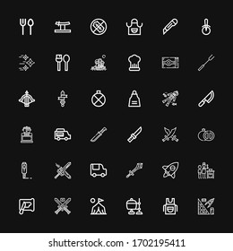 Editable 36 knife icons for web and mobile. Set of knife included icons line Stationery, Apron, Crucible, Camp, Swords, Spreading, Cooking, Adventure, Sword on black background