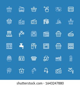 Editable 36 knob icons for web and mobile. Set of knob included icons line Water tap, Radio, Faucet, Shopping basket, Tap, Door hanger, Basket, Double door on blue background