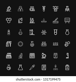 Editable 36 lab icons for web and mobile. Set of lab included icons line Proteins, Dropper, Thesis, Pipette, Flask, Prothesis, Microscope, Tube, Test tube on black background