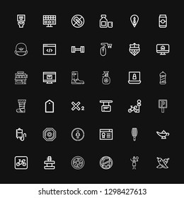 Editable 36 label icons for web and mobile. Set of label included icons line Chili, Crossing, No phones, Soy eggs, Force, Parking, Magic lamp, BBQ grill, Certificate on black background