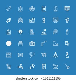 Editable 36 label icons for web and mobile. Set of label included icons line Soda can, Chili, Online store, Plug, Beer tap, Vodka, Oil bottle, Position, Luggage on blue background