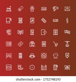 Editable 36 Label Icons For Web And Mobile. Set Of Label Included Icons Line Ribbon, Record, Field, Information, Tea, Blood Transfusion, Donor, No Photo, Audiobook, Coding On Red