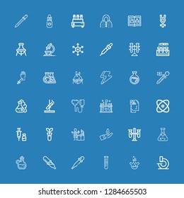 Editable 36 laboratory icons for web and mobile. Set of laboratory included icons line Microscope, Flask, Lab, Pipette, Elixir, Blood test, Test tubes, Blood donation on blue background