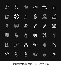 Editable 36 laboratory icons for web and mobile. Set of laboratory included icons line Flask, Blood donation, Eye dropper, Insemination, Positive ion, Pipette on black background