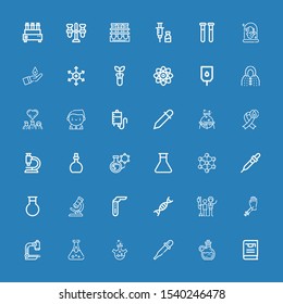 Editable 36 laboratory icons for web and mobile. Set of laboratory included icons line Thesis, Elixir, Pipette, Flask, Blood test, Microscope, Blood donation on blue background