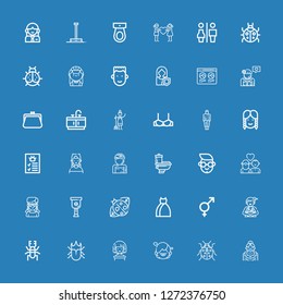 Editable 36 lady icons for web and mobile. Set of lady included icons line Grandmother, Ladybug, Girl, Woman, Beetle, Genders, Dress, Ladybird, Leg, Couple on blue background