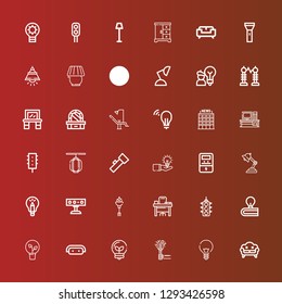 Editable 36 lamp icons for web and mobile. Set of lamp included icons line Sofa, Idea, Torch, Traffic light, Desk, Spotlight, Lamp, Voltmeter, Lantern, Office, Dentist chair on red