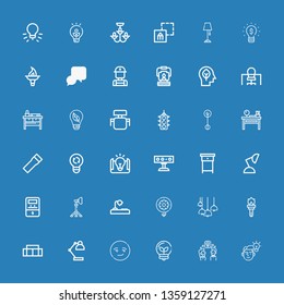 Editable 36 lamp icons for web and mobile. Set of lamp included icons line Idea, Smart, Desk lamp, Sofa, Torch, Reflector, Voltmeter, Nightstand, Spotlight on blue background