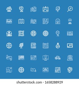 Editable 36 land icons for web and mobile. Set of land included icons line Earth globe, Map, Landscape, Terra, Tractor, Globe, Barn, Fertilizer, Farm, Fertilization on blue background