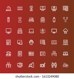Editable 36 laptop icons for web and mobile. Set of laptop included icons line Computer, Communication, Graphic tablet, Scanner, Education, Desk, Laptop, Desktop, Floppy disk on red
