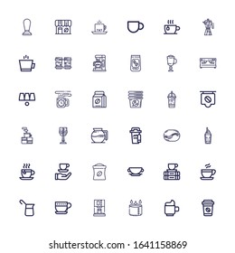 Editable 36 latte icons for web and mobile. Set of latte included icons line Coffee, Cup, Coffee machine, Break, Coffee bag, Tea cup, bean, cup on white background