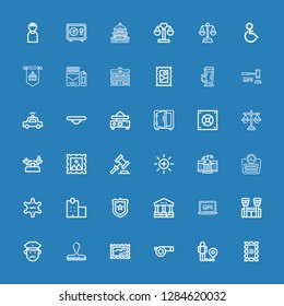 Editable 36 law icons for web and mobile. Set of law included icons line Stamp, Restriction, Whistle, Policeman, Jail, GDPR, Courthouse, Police badge, Police station on blue background
