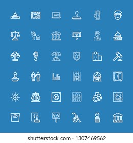 Editable 36 law icons for web and mobile. Set of law included icons line Courthouse, Prisioner, Wheelchair, Equality, Stamp, Scale, Handcuffs, Equalizer, Safebox on blue background