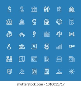 Editable 36 law icons for web and mobile. Set of law included icons line Balance, Stamp, Scale, Law, Police badge, Cigarette, No parking, Prison, Equalizer on blue background