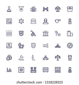 Editable 36 law icons for web and mobile. Set of law included icons line Prisioner, Stamp, Safebox, Jail, Equalizer, Stun gun, Balance, Police car, Guilt, Law on white background