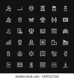 Editable 36 law icons for web and mobile. Set of law included icons line Walking, No parking, Prisoner, Policeman, Safebox, GDPR, Frappe, Law, Sheriff, Scale on black background