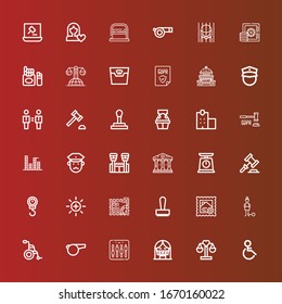 Editable 36 law icons for web and mobile. Set of law included icons line Handicap, Balance, Censor, Equalizer, Whistle, Wheelchair, Guilt, Stamp, Scale, Auction, Courthouse on red