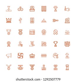Editable 36 leader icons for web and mobile. Set of leader included icons line Rook, Trophy, Podium, Medal, Medals, Manager, Employee, Team, Crown, Teamwork on white background