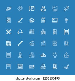 Editable 36 learn icons for web and mobile. Set of learn included icons line Write, Trick, Abc, Abacus, Workbook, Backpack, Learning, Manual, Guide, Lesson on blue background