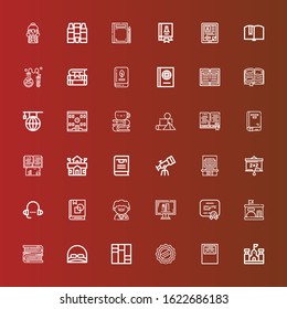 Editable 36 learning icons for web and mobile. Set of learning included icons line School, Workbook, Cap, Books, Kindergarten, Diploma, Online education, Teacher, Art book on red