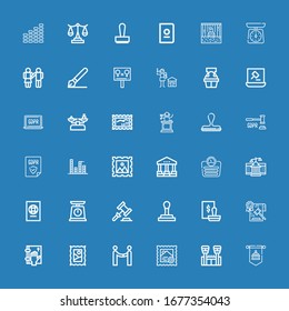 Editable 36 legal icons for web and mobile. Set of legal included icons line Standard, Jail, Stamp, Agreement, Oath, Law, Auction, Scale, Passport, Courthouse on blue background