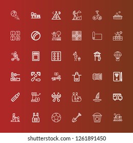 Editable 36 leisure icons for web and mobile. Set of leisure included icons line Sand bucket, Popcorn, Spade, Ball, Apron, Fatherhood, Caravan, Windsurf, Bowling, Canoe on red