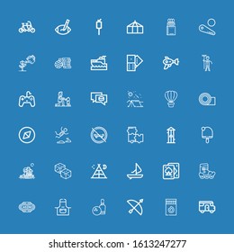 Editable 36 leisure icons for web and mobile. Set of leisure included icons line Caravan, Matches, Archery, Bowling, Apron, Casino, Roller skate, Playing cards on blue background