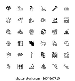 Editable 36 leisure icons for web and mobile. Set of leisure included icons line Dice, Baseball, Sailboat, Windsurf, Casino chip, Garden, Slide, Domino, Match on white background
